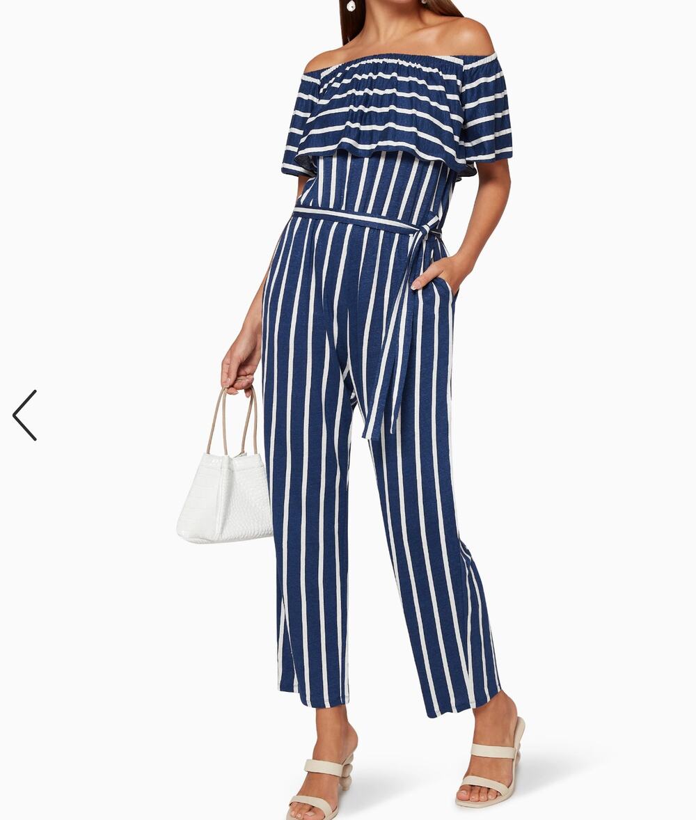 Marella Raggio Off-Shoulder Jumpsuit Blue White Striped Tie Waist Women's Size L